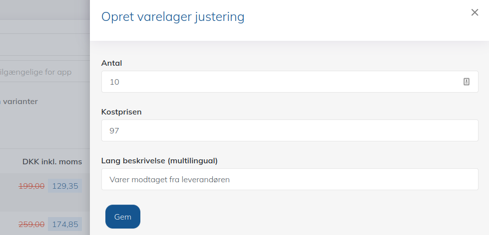 Cost price at inventory reception